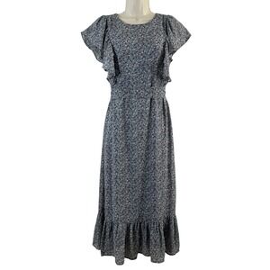 Mikarose Women's Dress Faded Blue Floral Tie Ruffles Sleeves Spring Midi Size XS